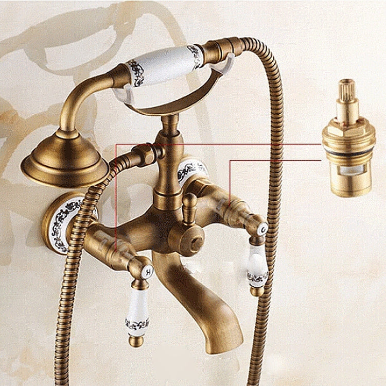 Rubinetto per vasca da bagno a parete in ottone antico, doppie maniglie in ceramica, doccetta stile telefono, Blue and White Telephone Shower, Telephone Shower + Fixed Seat, Telephone Shower + Blue and White Fixed Seat