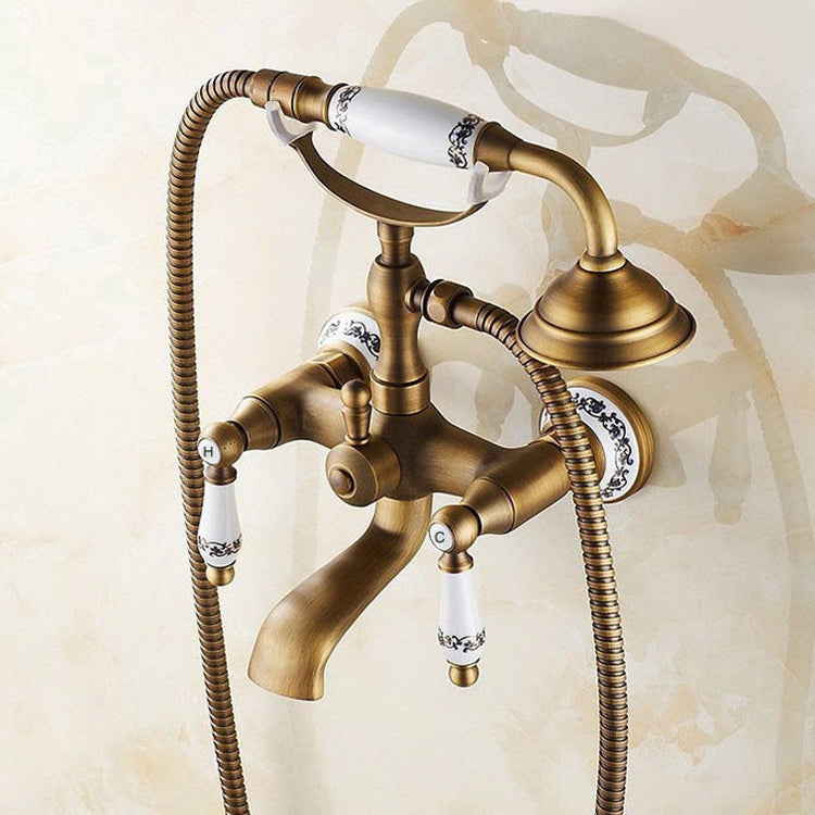 Rubinetto per vasca da bagno a parete in ottone antico, doppie maniglie in ceramica, doccetta stile telefono, Blue and White Telephone Shower, Telephone Shower + Fixed Seat, Telephone Shower + Blue and White Fixed Seat
