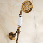 Rubinetto per vasca da bagno a parete in ottone antico, doppie maniglie in ceramica, doccetta stile telefono, Blue and White Telephone Shower, Telephone Shower + Fixed Seat, Telephone Shower + Blue and White Fixed Seat