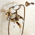 Rubinetto per vasca da bagno a parete in ottone antico, doppie maniglie in ceramica, doccetta stile telefono, Blue and White Telephone Shower, Telephone Shower + Fixed Seat, Telephone Shower + Blue and White Fixed Seat