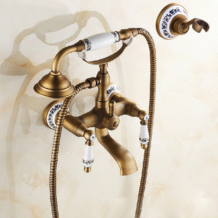 Rubinetto per vasca da bagno a parete in ottone antico, doppie maniglie in ceramica, doccetta stile telefono, Blue and White Telephone Shower, Telephone Shower + Fixed Seat, Telephone Shower + Blue and White Fixed Seat