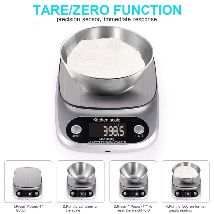Bilancia elettronica da cucina in acciaio inox 3 kg 0,1 g