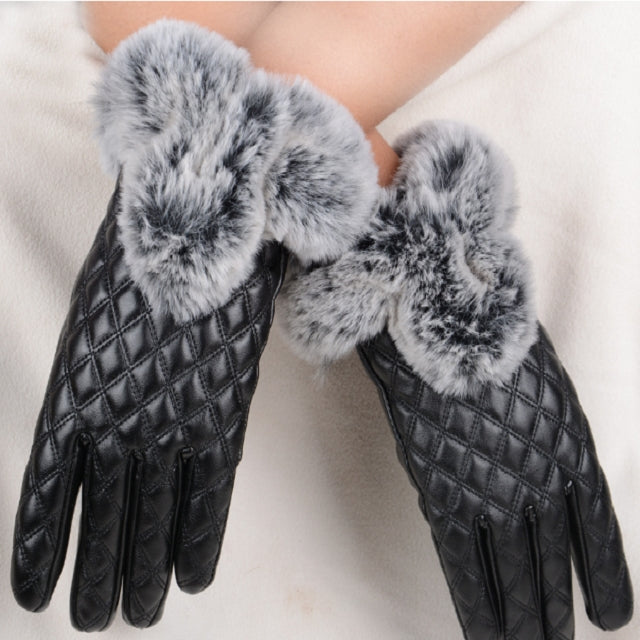 Guanti da donna in pelle PU imitazione pelliccia di coniglio guanti spessi e caldi invernali e autunnali