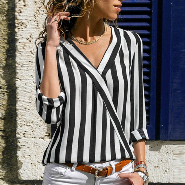 Camicia a righe da donna Camicie a maniche lunghe con scollo a V Camicetta casual, S, M, L, XL, XXL, XXXL