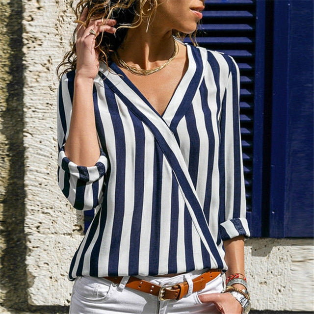 Camicia a righe da donna Camicie a maniche lunghe con scollo a V Camicetta casual, S, M, L, XL, XXL, XXXL