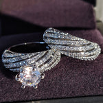 Fede nuziale vintage con diamante in argento 925 da donna, 2 pezzi, 5, 6, 7, 8, 9, 10, 11, 12
