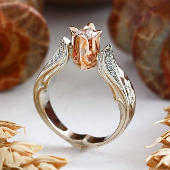 Fiore di rosa con fede nuziale con diamante per donna, 5, 6, 7, 8, 9, 10