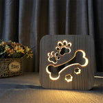 Lampada da notte in legno di forma creativa Decorazione della camera da letto Luce calda LED, Bones, Cat Paw, Dog, Wolve