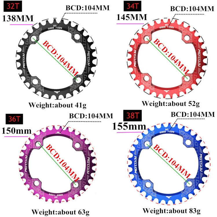 Parti della piastra dentata per bicicletta MTB 104BCD per corona rotonda stretta e larga MOTSUV, Disk 32T, Disk 34T, Disk 36T, Disk 38T, Elliptic plate  32T