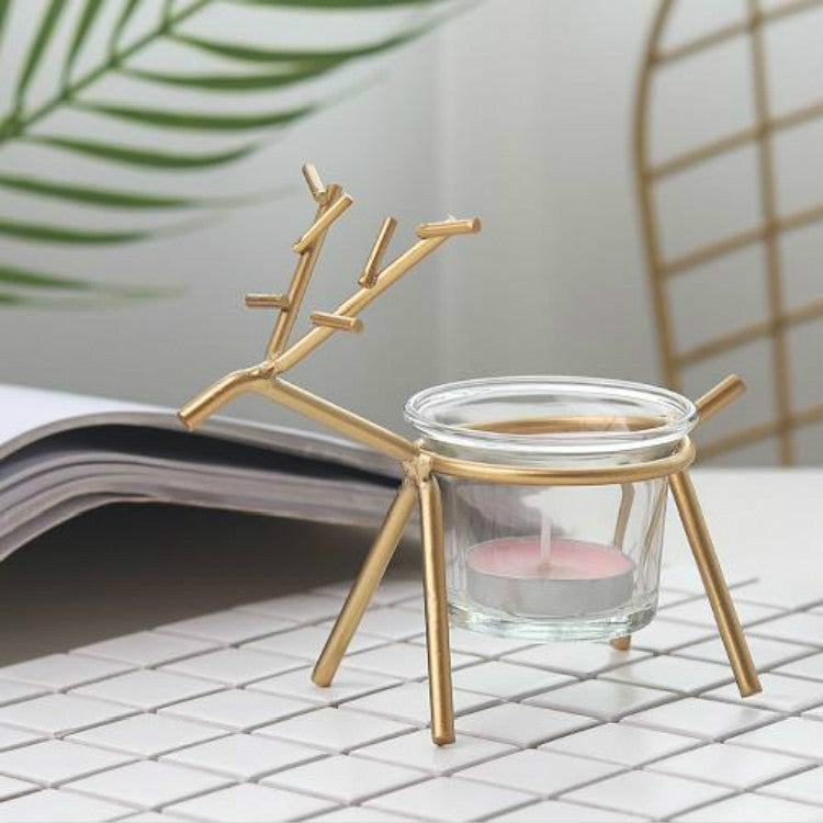 Candeliere di cervo in ferro battuto Decorazione per atmosfera desktop domestica Decorazione portacandele, Black, Gold