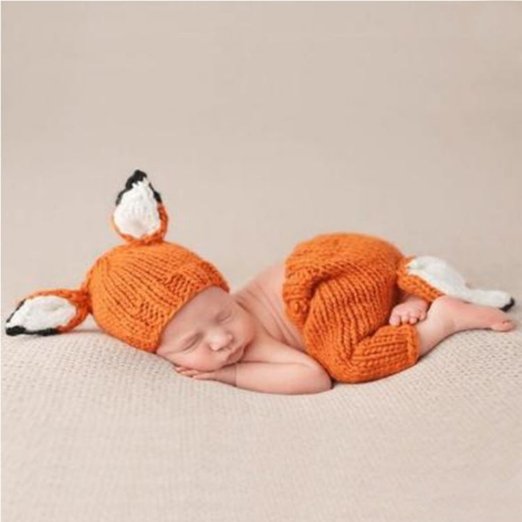 Abbigliamento fotografico per bambini Set di cappello lavorato a maglia di lana fatto a mano a forma di volpe di cartone animato + pantaloni, 0-3月