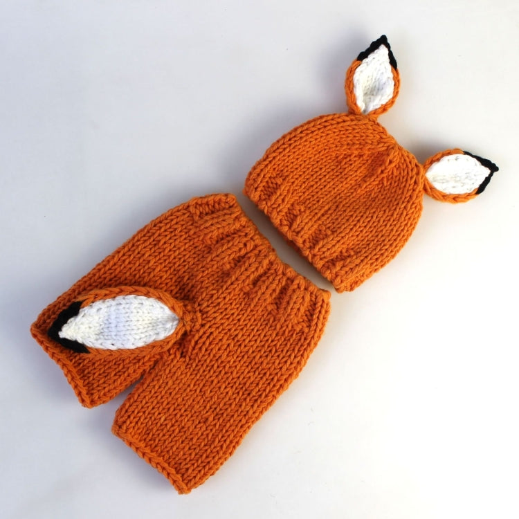 Abbigliamento fotografico per bambini Set di cappello lavorato a maglia di lana fatto a mano a forma di volpe di cartone animato + pantaloni, 0-3月