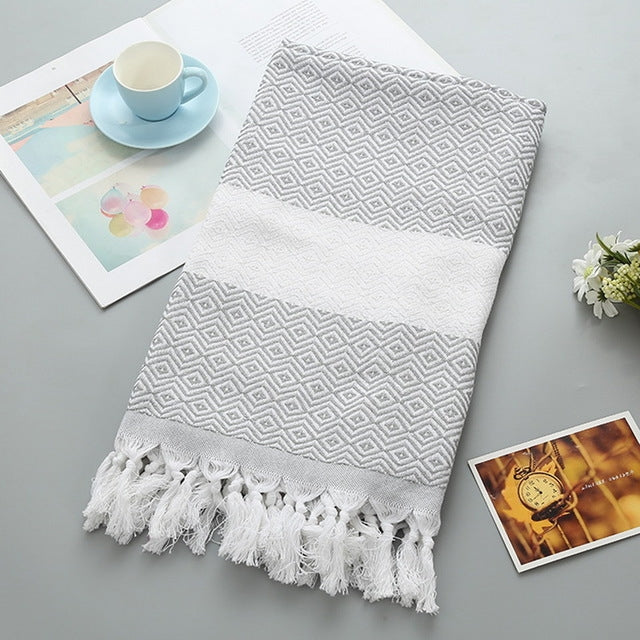 Asciugamano da bagno in cotone a righe con nappe sottile viaggio campeggio bagno sauna spiaggia palestra piscina coperta assorbente facile manutenzione