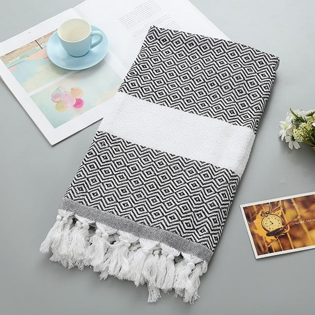 Asciugamano da bagno in cotone a righe con nappe sottile viaggio campeggio bagno sauna spiaggia palestra piscina coperta assorbente facile manutenzione