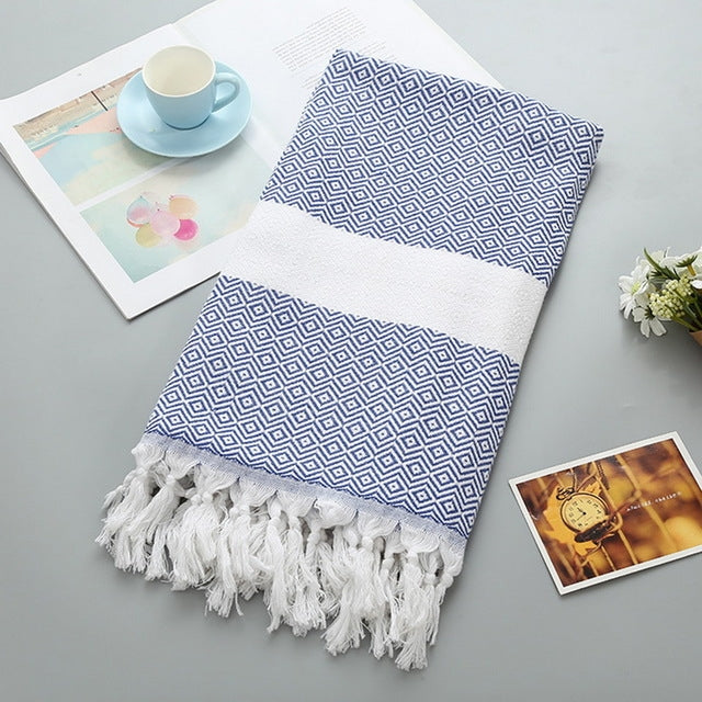 Asciugamano da bagno in cotone a righe con nappe sottile viaggio campeggio bagno sauna spiaggia palestra piscina coperta assorbente facile manutenzione