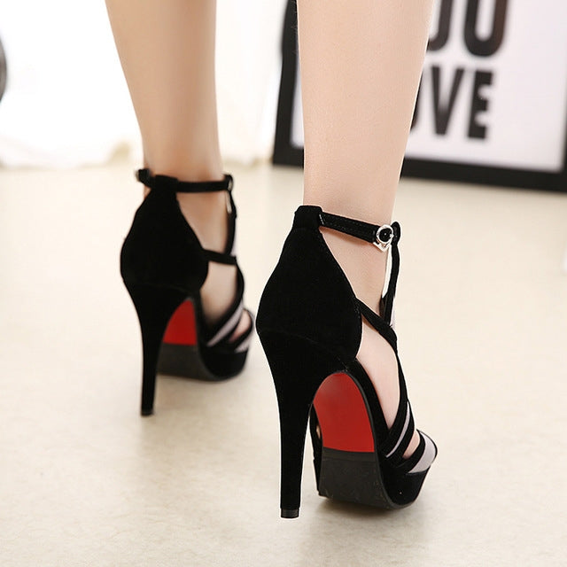 Sandali con pesce con tacco alto e motivo geometrico con cuciture in pelle, 34, 35, 36, 37, 38, 39, 40, 41, 42