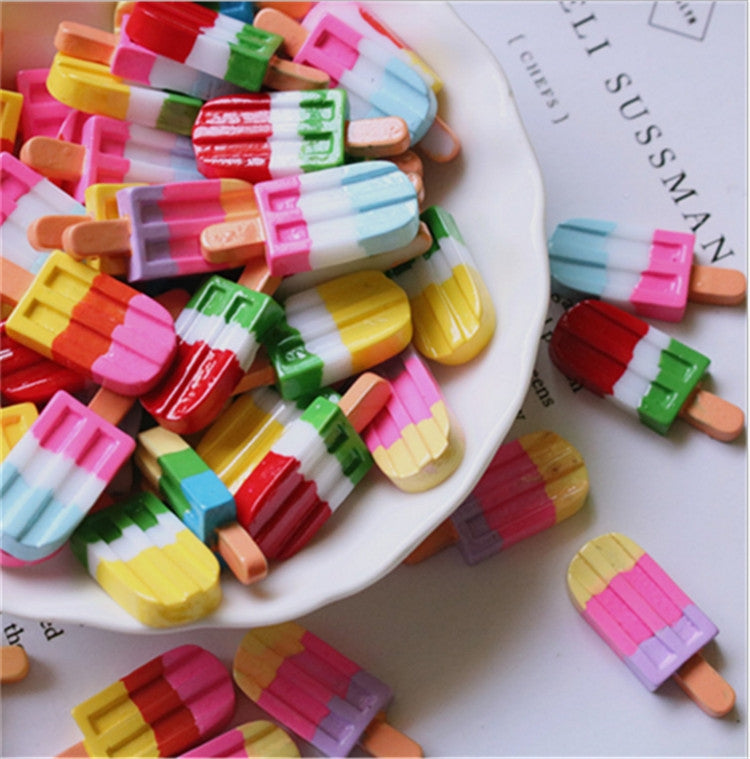 10 pezzi di bastoncini di gelato arcobaleno in resina con retro piatto, cabochon, imitazione, decorazione artistica per dessert