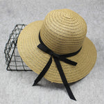 Cappello da sole da spiaggia pieghevole a tesa larga in tessuto erba con fiocco per donna