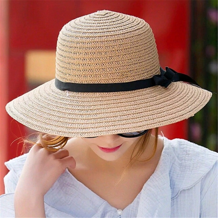 Cappello da sole da spiaggia pieghevole a tesa larga in tessuto erba con fiocco per donna