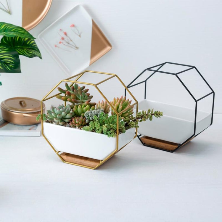Semplice tavolo da appendere a parete geometrico ottagonale, piatto succulento, supporto in bambù, struttura in ferro, vaso da fiori