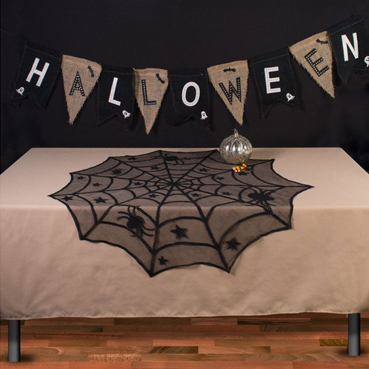 Decorazione per tovaglia con ragnatela di pizzo nero per feste di Halloween, 2 pezzi, 102x102CM