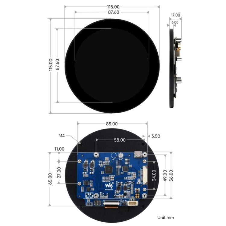 Display touch rotondo DSI Waveshare da 3,4 pollici, 800 × 800, IPS, tocco a 10 punti, 3.4 inch DSI