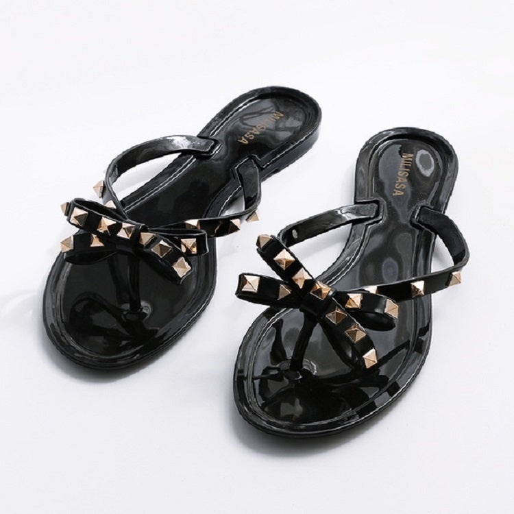 Sandali piatti slip-on con fiocco e infradito da donna con strass, 36, 37, 38, 39, 40