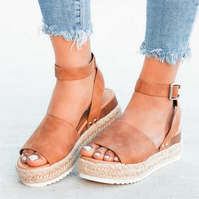 Sandali da donna con plateau e fibbia a un bottone, 35, 36, 37, 38, 39, 40, 41, 42, 43, 44