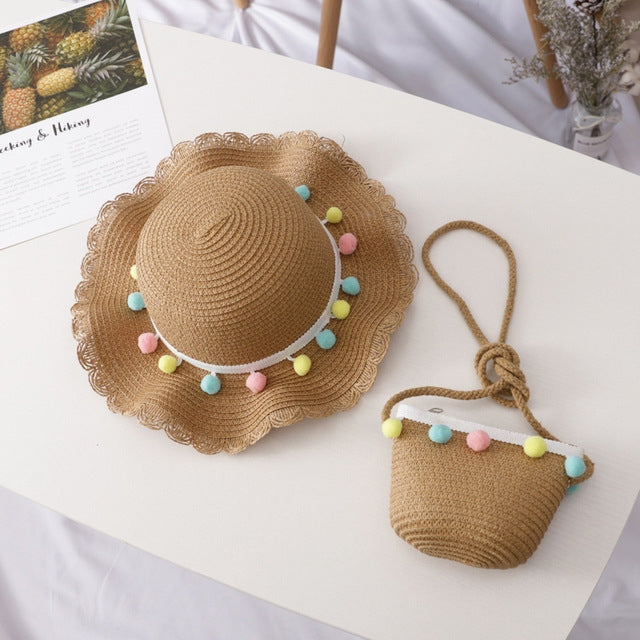 Cappello da sole da spiaggia con bordo a forma floreale intrecciato in paglia traspirante estiva da ragazza + set di cartelle piccole, 50-52cm