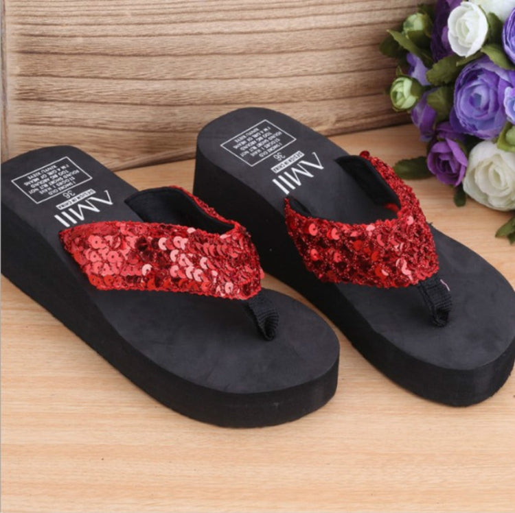 Pantofole con zeppa con paillettes e infradito, 36, 37, 38, 39