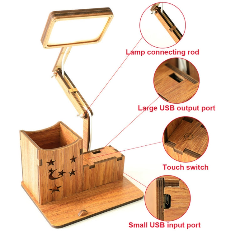 Lampada da tavolo multifunzionale in legno con portapenne USB touch Lampada da lettura per ricarica da tavolo per studenti Lampada da tavolo per protezione degli occhi a LED, USB Plug-in without Battery, USB Charging Built-in Battery