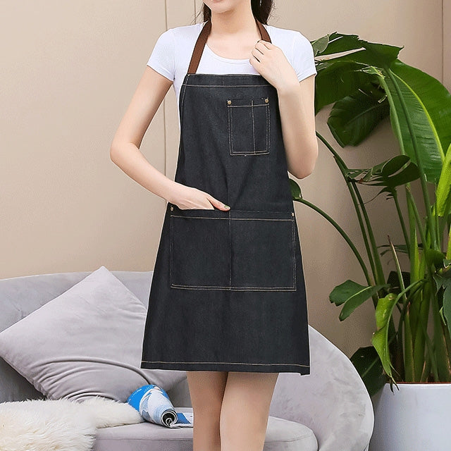 Grembiule in denim senza maniche, tuta da cucina in denim blu con cavezza, 71x65cm
