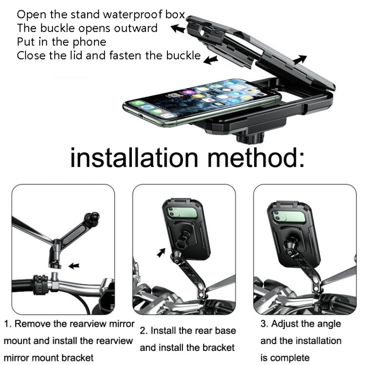 Supporto per telefono touch screen con scatola impermeabile per specchietto retrovisore per motocicletta Kewig, Small Rearview Mirror Installation, Large Rearview Mirror Installation