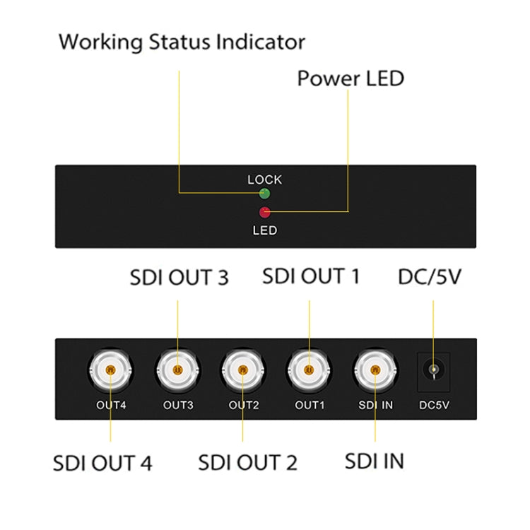 Splitter video SDI con amplificatore di distribuzione SD-SDI / HD-SDI / 3G-SDI 1 ingresso 4 uscite, 1 In 4 Out