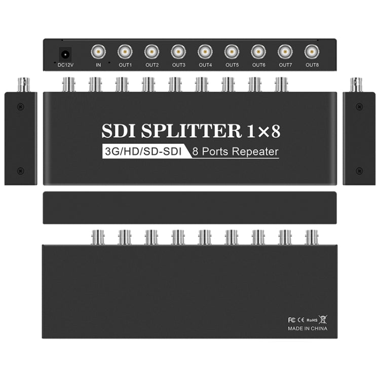 Splitter video SDI con amplificatore di distribuzione SD-SDI / HD-SDI / 3G-SDI 1 ingresso 8 uscite, 1 In 8 Out