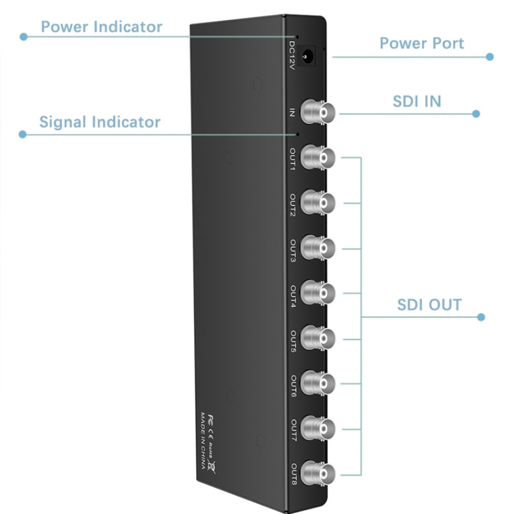 Splitter video SDI con amplificatore di distribuzione SD-SDI / HD-SDI / 3G-SDI 1 ingresso 8 uscite, 1 In 8 Out