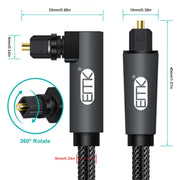 Cavo audio ottico EMK girevole da 90 gradi regolabile ad angolo retto ruotabile di 360 gradi con spina in nylon intrecciato, 1m(Black), 1.5m(Black), 2m(Black), 3m(Black), 5m(Black), 8m(Black), 10m(Black), 15m(Black), 20m(Black), 25m(Black), 30m(Black)