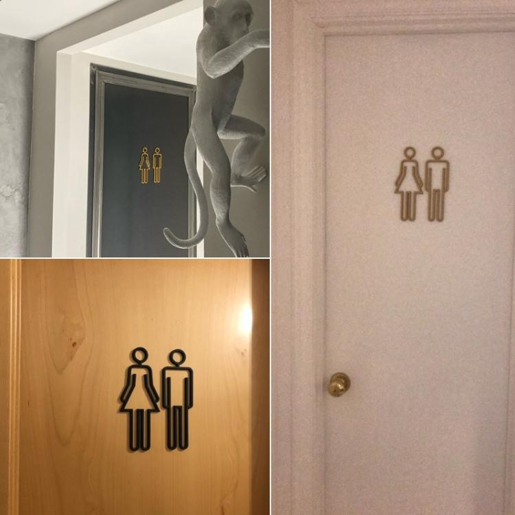 2 simboli in acrilico per WC, con retro adesivo, per porta del WC, per hotel, Toilet Sign(Black), Toilet Sign(Silver), Toilet Sign(Gold)