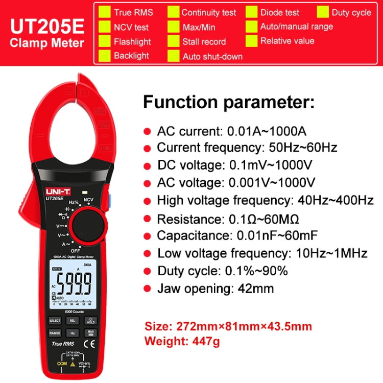 Rilevatore di tensione CA CC con pinza digitale a pinza digitale da 1000 A, 42 mm, UT205E 1000A, UT208B 1000A