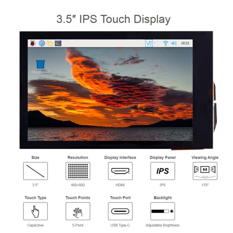 Display LCD touch capacitivo IPS Waveshare da 3,5 pollici 480x800 per Raspberry Pi, interfaccia HDMI, 3.5 inch