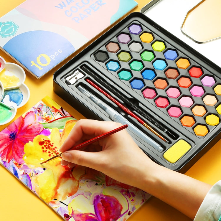 Set di strumenti per pittura dipinti a mano per principianti in scatola di latta portatile con pittura ad acquerello solida 36 in 1