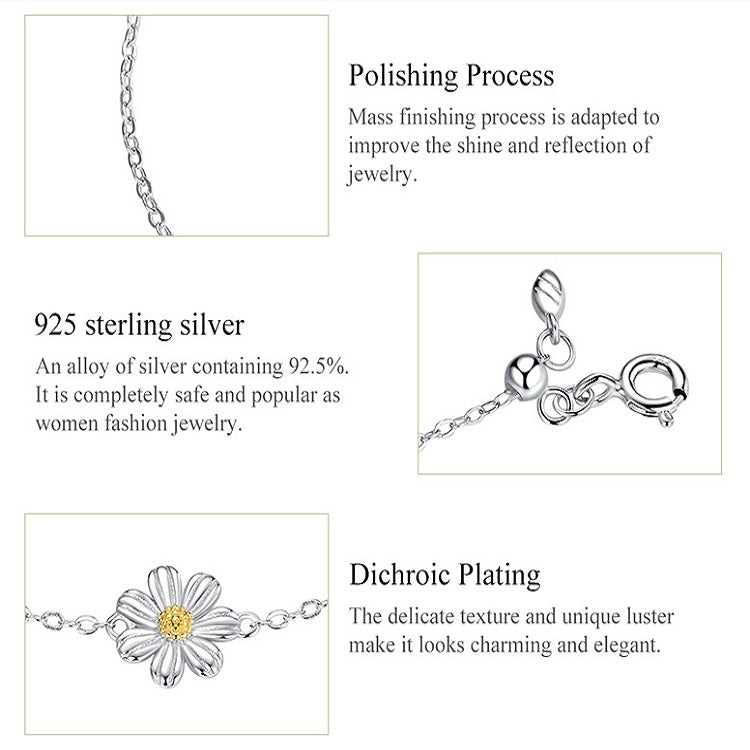 Bracciale in argento sterling placcato platino S925 Simpatico braccialetto con margherita, Daisy