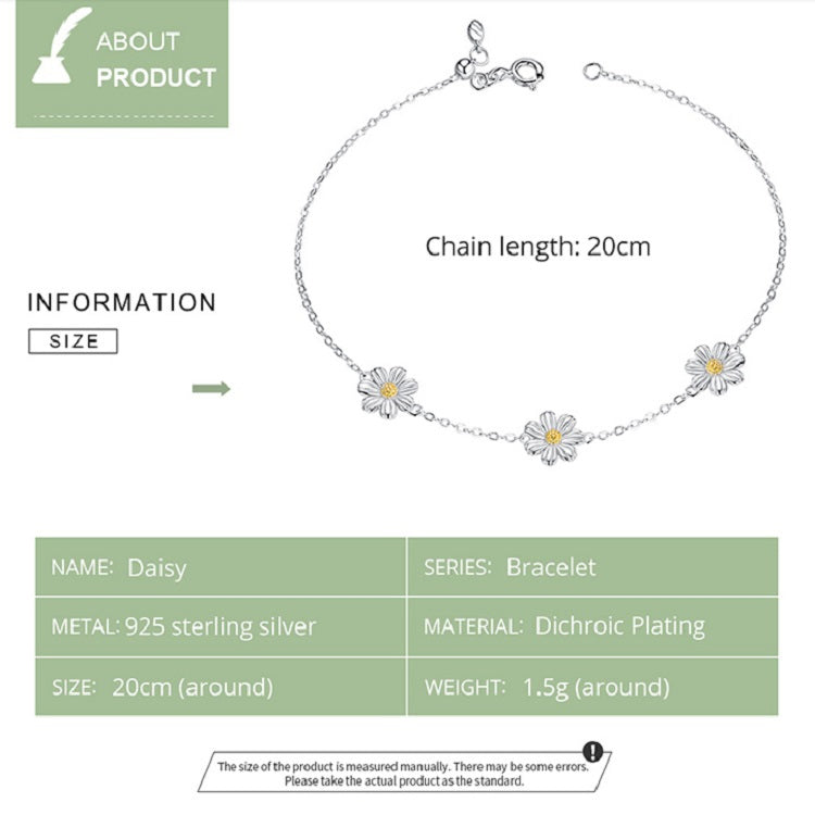 Bracciale in argento sterling placcato platino S925 Simpatico braccialetto con margherita, Daisy