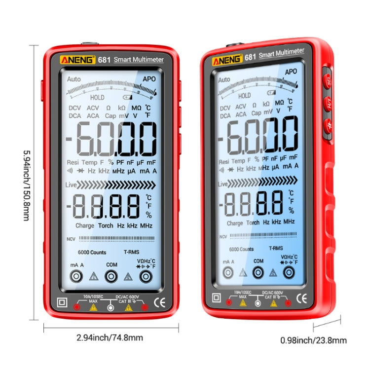 ANENG 681 Display digitale LCD Multimetro ricaricabile intelligente con gamma automatica, 681 Black, 681 Red