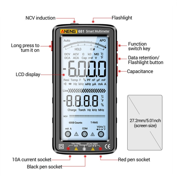 ANENG 681 Display digitale LCD Multimetro ricaricabile intelligente con gamma automatica, 681 Black, 681 Red