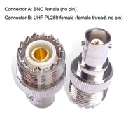 Jack femmina BNC al connettore adattatore coassiale RF di tipo dritto femmina UHF PL-259, BNC Female To UHF Female