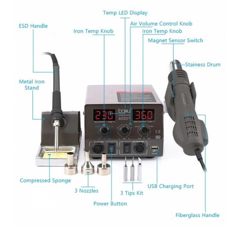 BAKU BA-602D+ Dual Digital Display Soldering Station Set for Mobile Phone Repair, Tin Soldering Tool, EU Plug, US Plug