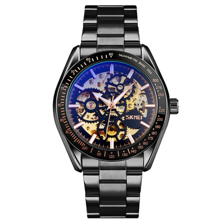 SKMEI 9194 Orologio automatico da uomo con cinturino meccanico in acciaio scheletrato, Black, Silver, Golden Black Face, Rose Gold, Golden Gold Face