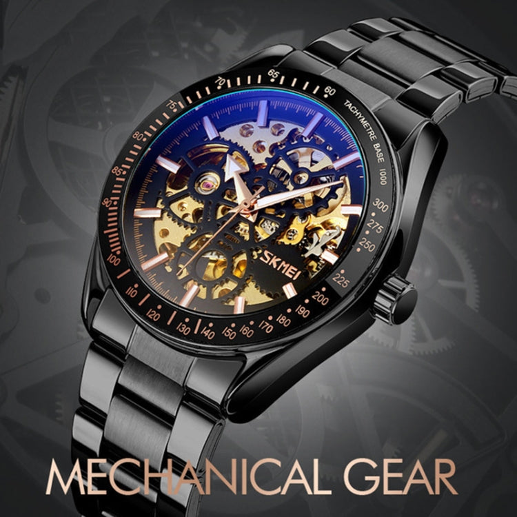 SKMEI 9194 Orologio automatico da uomo con cinturino meccanico in acciaio scheletrato, Black, Silver, Golden Black Face, Rose Gold, Golden Gold Face