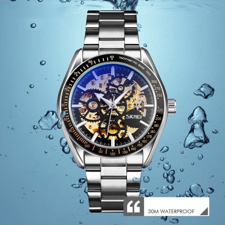 SKMEI 9194 Orologio automatico da uomo con cinturino meccanico in acciaio scheletrato, Black, Silver, Golden Black Face, Rose Gold, Golden Gold Face